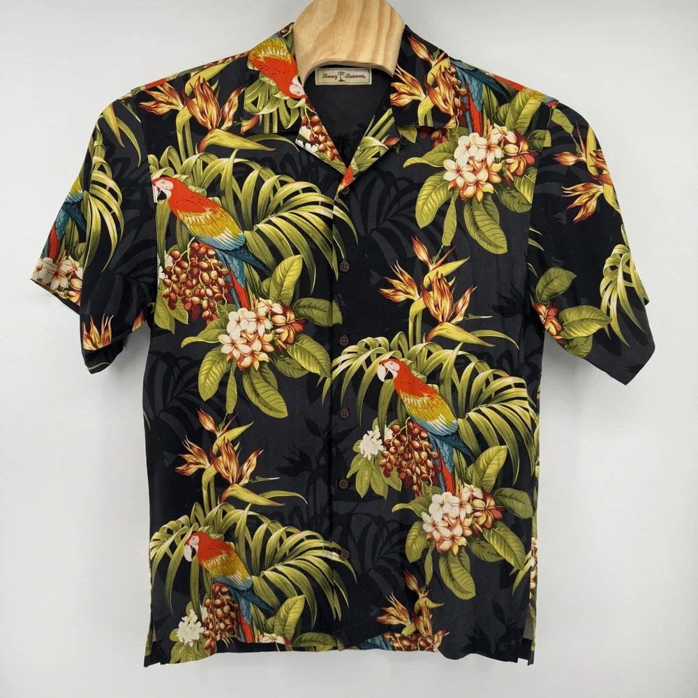Tommy Bahama Mens S Silk Parrot Tropical Floral Camp Shirt Black Short Sleeve
